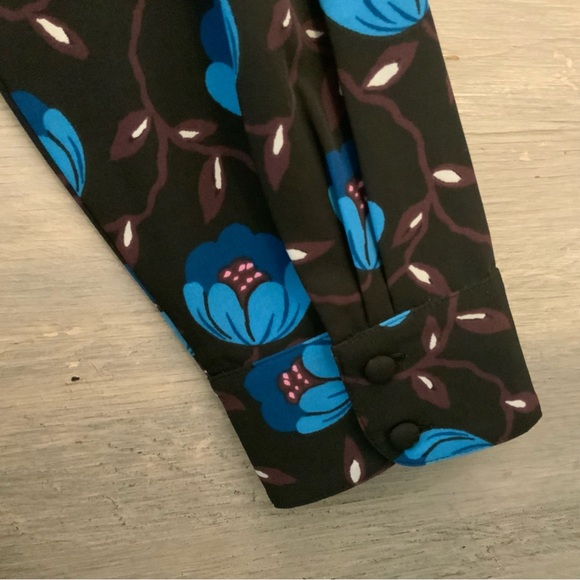 LOFT Black Blue Floral Print Shirt Dress Medium Band Collar Like New - Picture 5 of 9